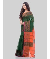 DESH BIDESH Women`s Tant Cotton Silk Handloom Cotton Saree Pushpomala With Blouse Piece(Green Orange)